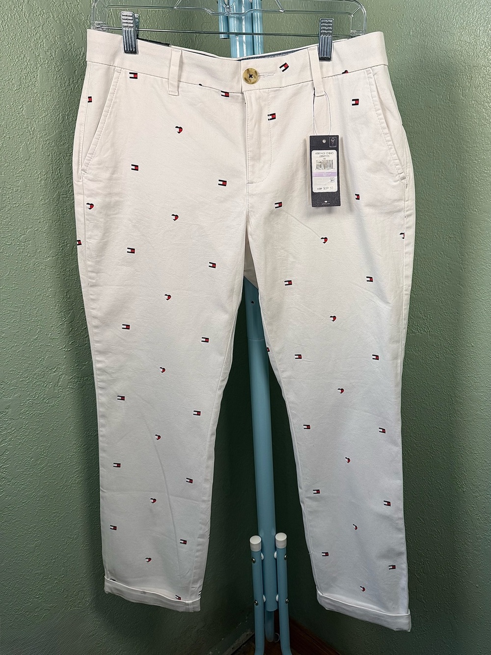 Tommy Hilfiger White Straight Leg Jeans with Embroidered Mini Flags